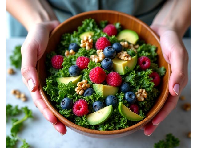 Hands combining fresh salad ingredients in a bowl