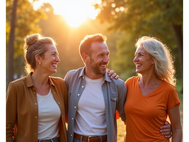 Friends laughing and walking together in a vibrant park