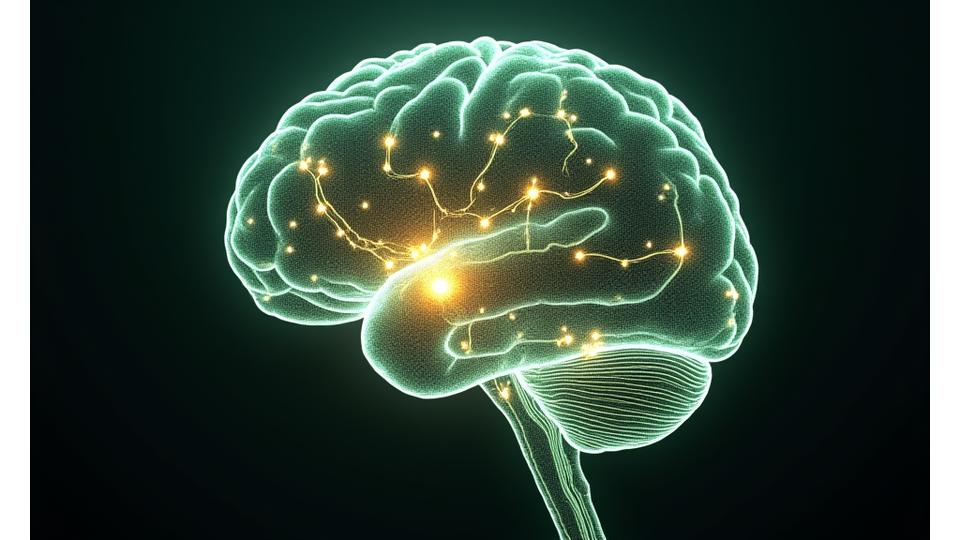 Artistic representation of glowing neural networks and synapses in the human brain, symbolizing enhanced cognitive function and neuroplasticity