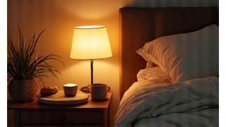 Cozy bedroom scene with soft lighting, suggesting peaceful sleep preparation.