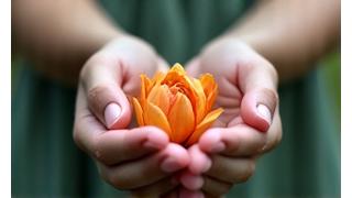 Gentle hand holding a single wilting flower, symbolizing compassion and healing.