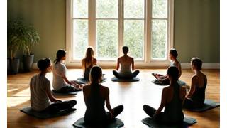 Group of people practicing meditation in a serene studio, representing a structured MBSR program.