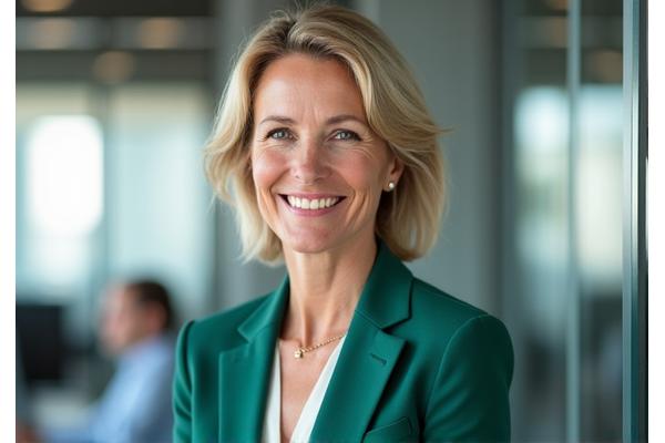 Professional woman smiling confidently in an office setting