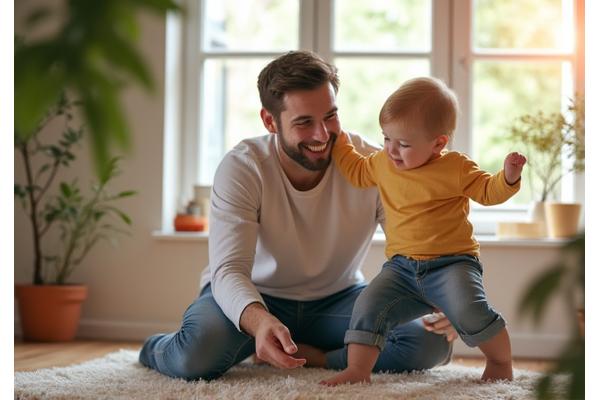 Smiling parent playing with a child, embodying joyful balance