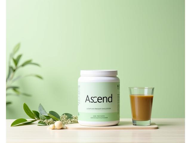 Container of Ascend Plant-Based Protein Powder with green leaf illustration.