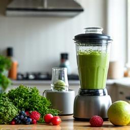 Modern kitchen tools, including a blender and food processor with fresh produce.