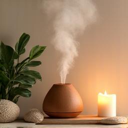 Aromatic essential oil diffuser with natural flowers and soft lighting.