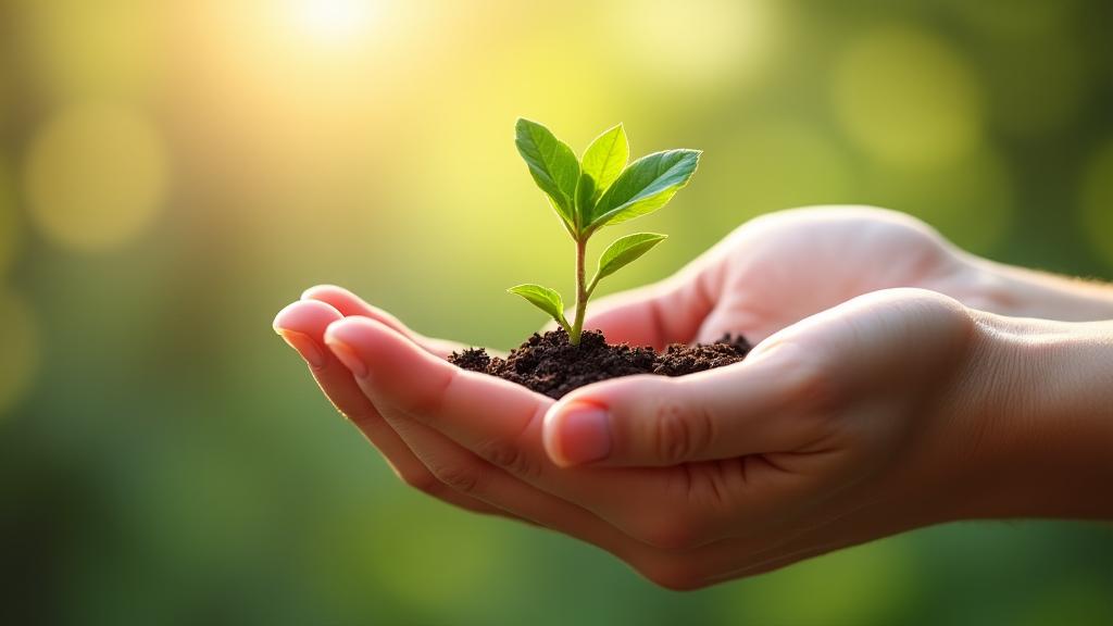 A serene hand holding a sprouting plant, symbolizing growth, care, and quality service
