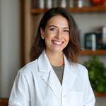 A friendly female nutritionist smiling at the camera, wearing a white lab coat over professional attire, in a bright, modern office setting.